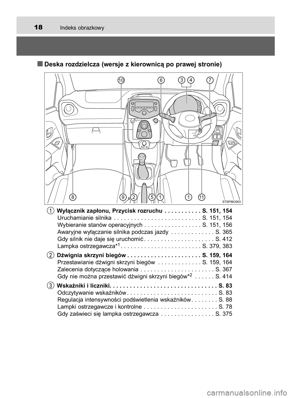 TOYOTA AYGO 2016  Instrukcja obsługi (in Polish) Indeks obrazkowy18
Deska rozdzielcza (wersje z kierownicà po prawej stronie)
Wy∏àcznik zap∏onu, Przycisk rozruchu . . . . . . . . . . . S. 151, 154
Uruchamianie silnika . . . . . . . . . . . . . TOYOTA AYGO 2016  Instrukcja obsługi (in Polish) Indeks obrazkowy18
Deska rozdzielcza (wersje z kierownicà po prawej stronie)
Wy∏àcznik zap∏onu, Przycisk rozruchu . . . . . . . . . . . S. 151, 154
Uruchamianie silnika . . . . . . . . . . . . .