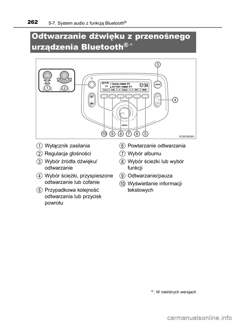 TOYOTA AYGO 2016  Instrukcja obsługi (in Polish) 2625-7. System audio z funkcjà Bluetooth®
Odtwarzanie dêwi´ku z przenoÊnego
urzàdzenia Bluetooth
®✻
Wy∏àcznik zasilania
Regulacja g∏oÊnoÊci
Wybór êród∏a dêwi´ku/
odtwarzanie
Wyb