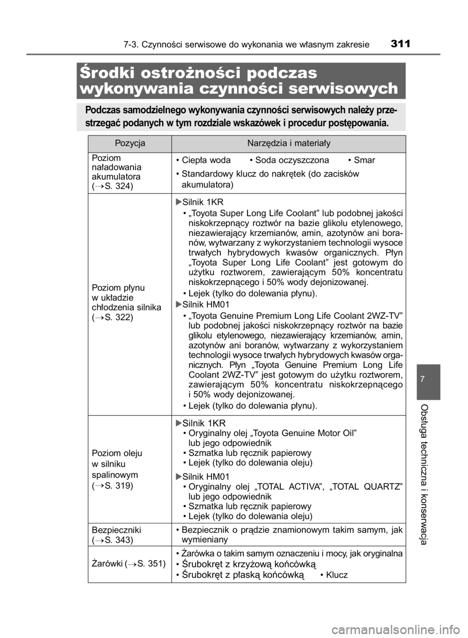 TOYOTA AYGO 2016  Instrukcja obsługi (in Polish) 7-3. CzynnoÊci serwisowe do wykonania we w∏asnym zakresie311
7
Obs∏uga techniczna i konserwacja
Ârodki ostro˝noÊci podczas 
wykonywania czynnoÊci serwisowych
Podczas samodzielnego wykonywania