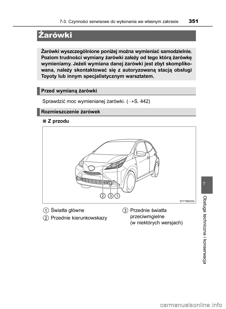 TOYOTA AYGO 2016  Instrukcja obsługi (in Polish) Sprawdziç moc wymienianej ˝arówki. (S. 442)
Z przodu
7-3. CzynnoÊci serwisowe do wykonania we w∏asnym zakresie351
7
Obs∏uga techniczna i konserwacja
˚arówki
˚arówki wyszczególnione poni