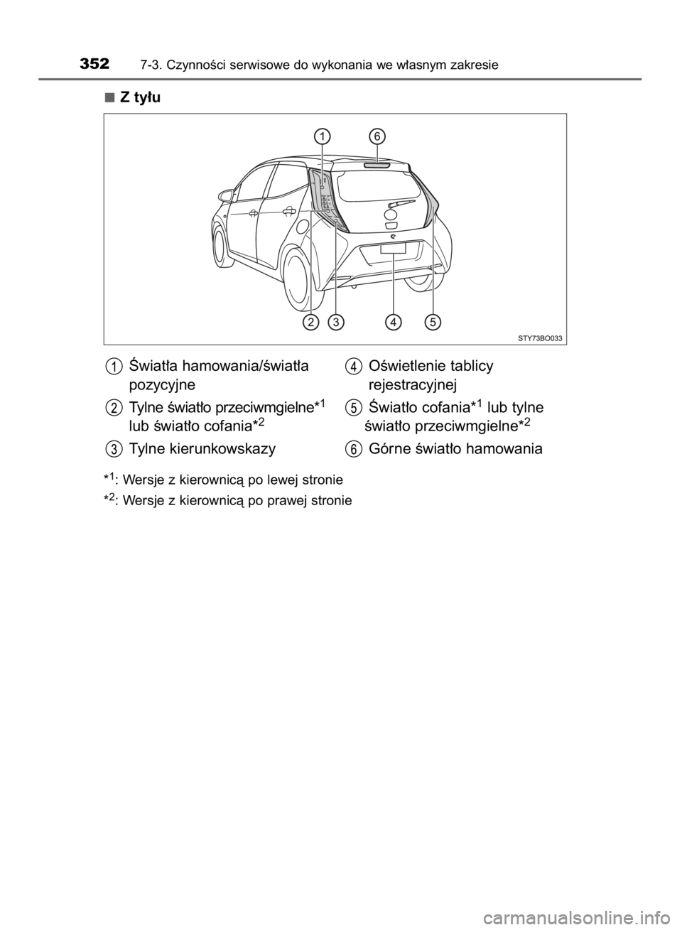 TOYOTA AYGO 2016  Instrukcja obsługi (in Polish) Z ty∏u
*1: Wersje z kierownicà po lewej stronie
*
2: Wersje z kierownicà po prawej stronie
3527-3. CzynnoÊci serwisowe do wykonania we w∏asnym zakresie
Âwiat∏a hamowania/Êwiat∏a
pozycyjne