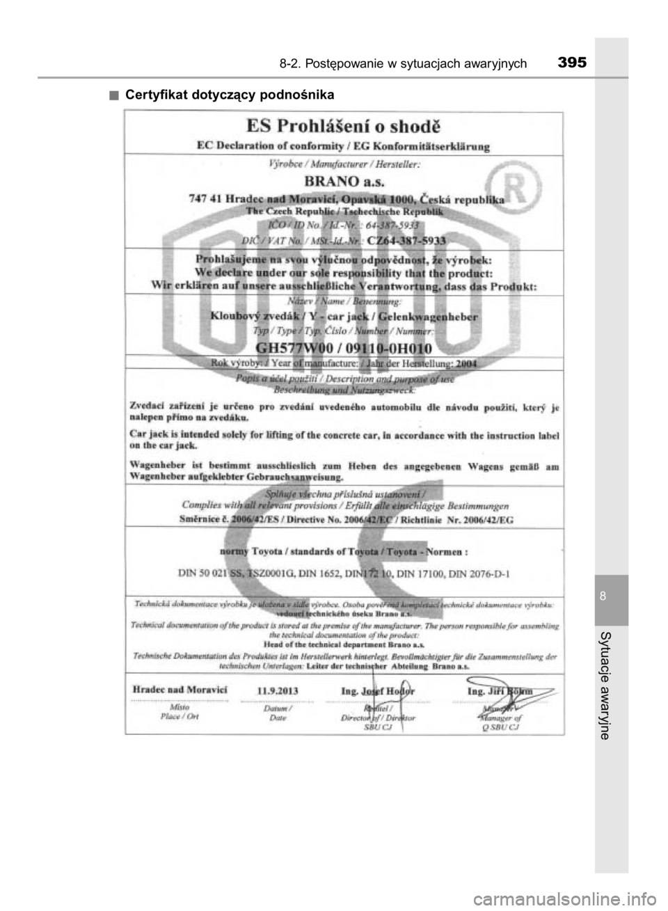 TOYOTA AYGO 2016  Instrukcja obsługi (in Polish) Certyfikat dotyczàcy podnoÊnika
8-2. Post´powanie w sytuacjach awaryjnych395
8
Sytuacje awaryjne
20 IO AYGO OM99L81E  5/22/15  12:26 PM  Page 395    (Black plate) 