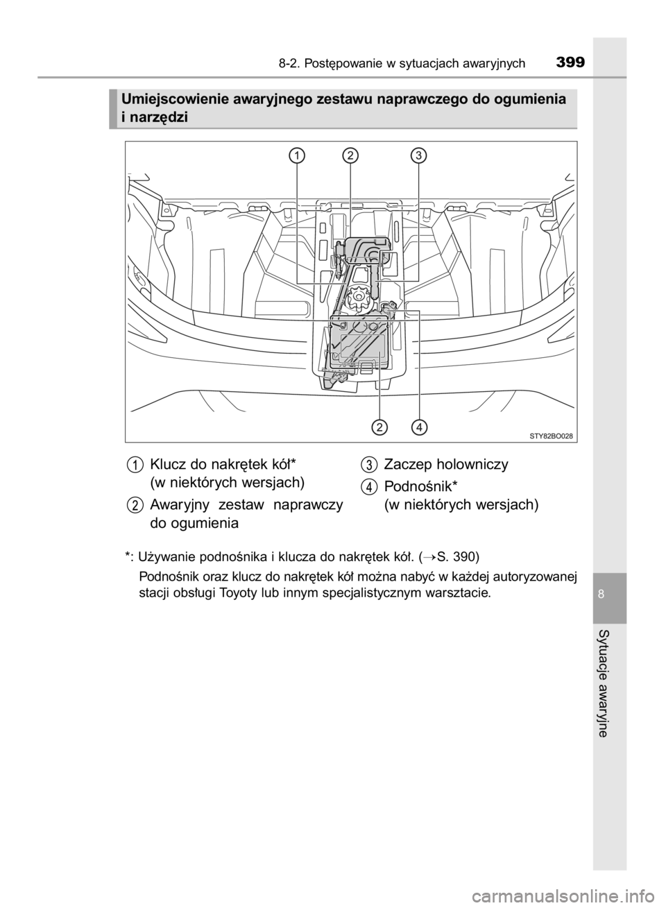 TOYOTA AYGO 2016  Instrukcja obsługi (in Polish) *: U˝ywanie podnoÊnika i klucza do nakr´tek kó∏. (S. 390)
PodnoÊnik oraz klucz do nakr´tek kó∏ mo˝na nabyç w ka˝dej autoryzowanej
stacji obs∏ugi Toyoty lub innym specjalistycznym wars