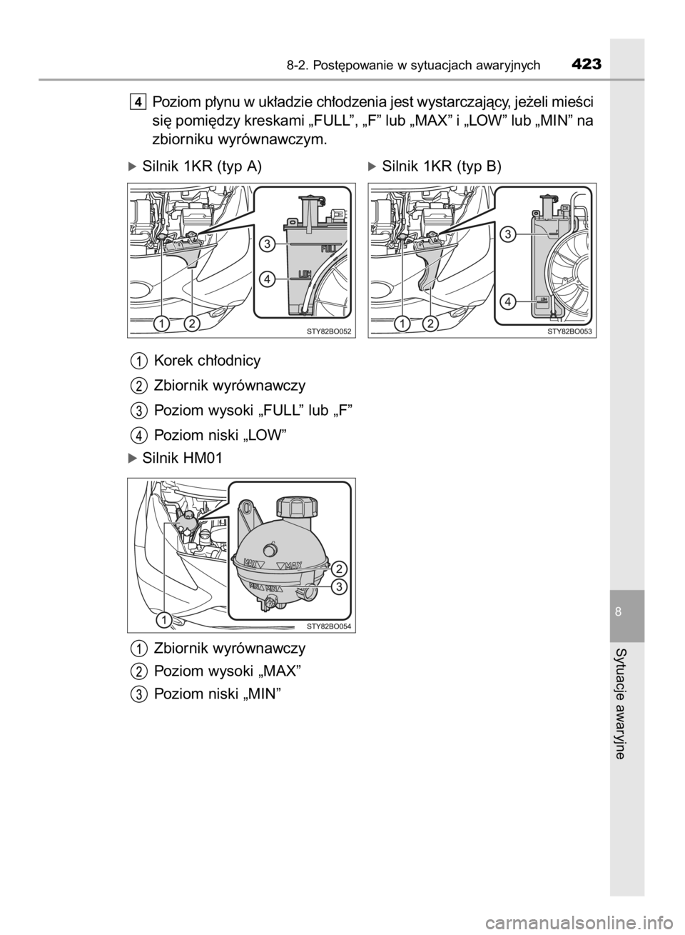 TOYOTA AYGO 2016  Instrukcja obsługi (in Polish) Poziom p∏ynu w uk∏adzie ch∏odzenia jest wystarczajàcy, je˝eli mieÊci
si´ pomi´dzy kreskami „FULL”, „F” lub „MAX” i „LOW” lub „MIN” na
zbiorniku wyrównawczym.
óSilnik 1