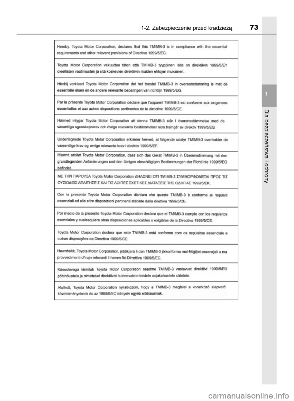 TOYOTA AYGO 2016  Instrukcja obsługi (in Polish) 1-2. Zabezpieczenie przed kradzie˝à73
1
Dla bezpieczeƒstwa i ochrony
20 IO AYGO OM99L81E  5/22/15  12:24 PM  Page 73    (Black plate) 