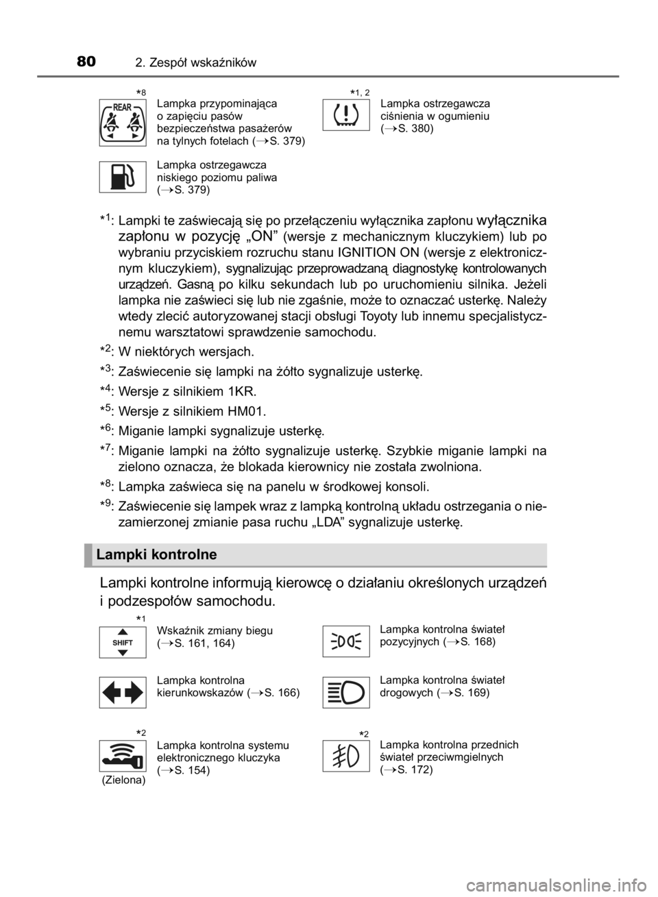 TOYOTA AYGO 2016  Instrukcja obsługi (in Polish) *1: Lampki te zaÊwiecajà si´ po prze∏àczeniu wy∏àcznika zap∏onu wy∏àcznika
zap∏onu  w pozycj´  „ON”
(wersje  z mechanicznym  kluczykiem)  lub  po
wybraniu przyciskiem rozruchu sta