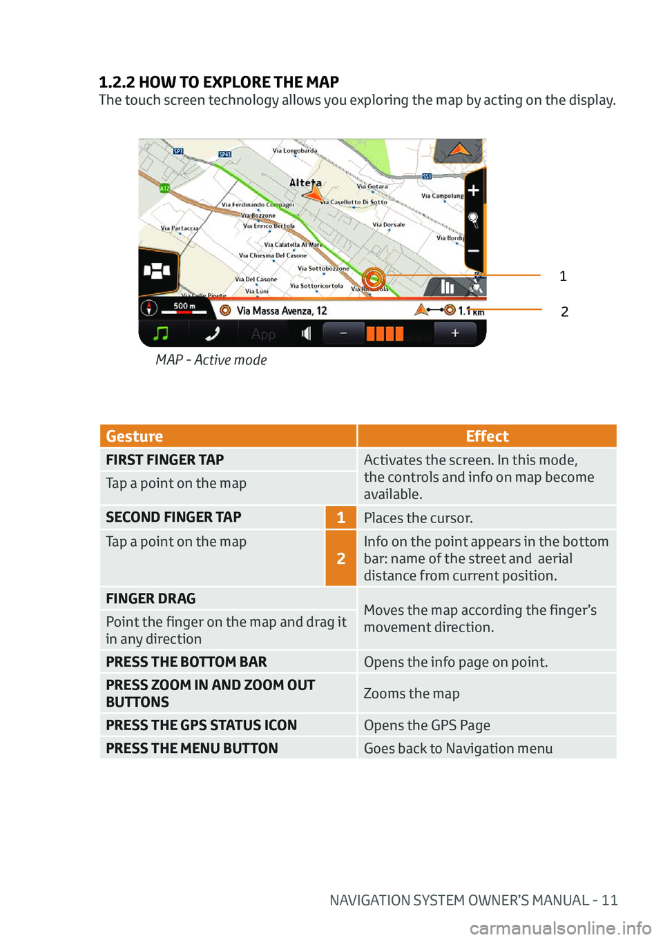 TOYOTA AYGO 2020 Owners Manual (in English) NAVIGATION SYSTEM OWNER’S MANUAL - 11
1.2.2 HOW TO EXPLORE THE MAP
The touch screen technology allows you exploring the map by acting on the display.
GestureEffect
FIRST FINGER TAPActivates the scre TOYOTA AYGO 2020 Owners Manual (in English) NAVIGATION SYSTEM OWNER’S MANUAL - 11
1.2.2 HOW TO EXPLORE THE MAP
The touch screen technology allows you exploring the map by acting on the display.
GestureEffect
FIRST FINGER TAPActivates the scre