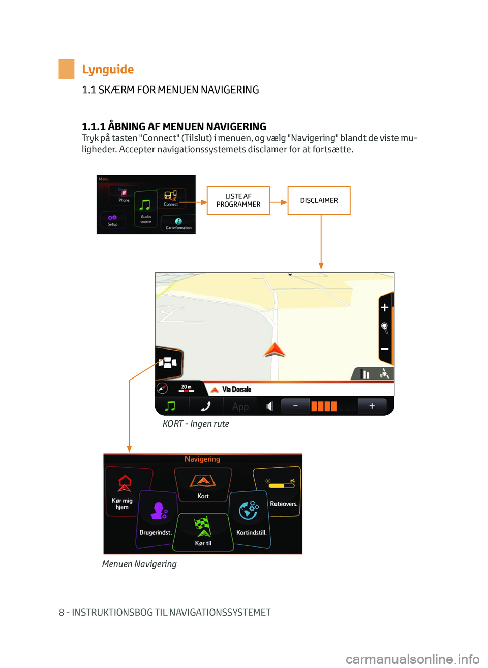 TOYOTA AYGO 2020  Brugsanvisning (in Danish) 8 - INSTRUKTIONSBOG TIL NAVIGATIONSSYSTEMET
1.1 SKÆRM FOR MENUEN NAVIGERING
1.1.1 ÅBNING AF MENUEN NAVIGERING
Tryk på tasten "Connect" (Tilslut) i menuen, og vælg "Navigering" blan