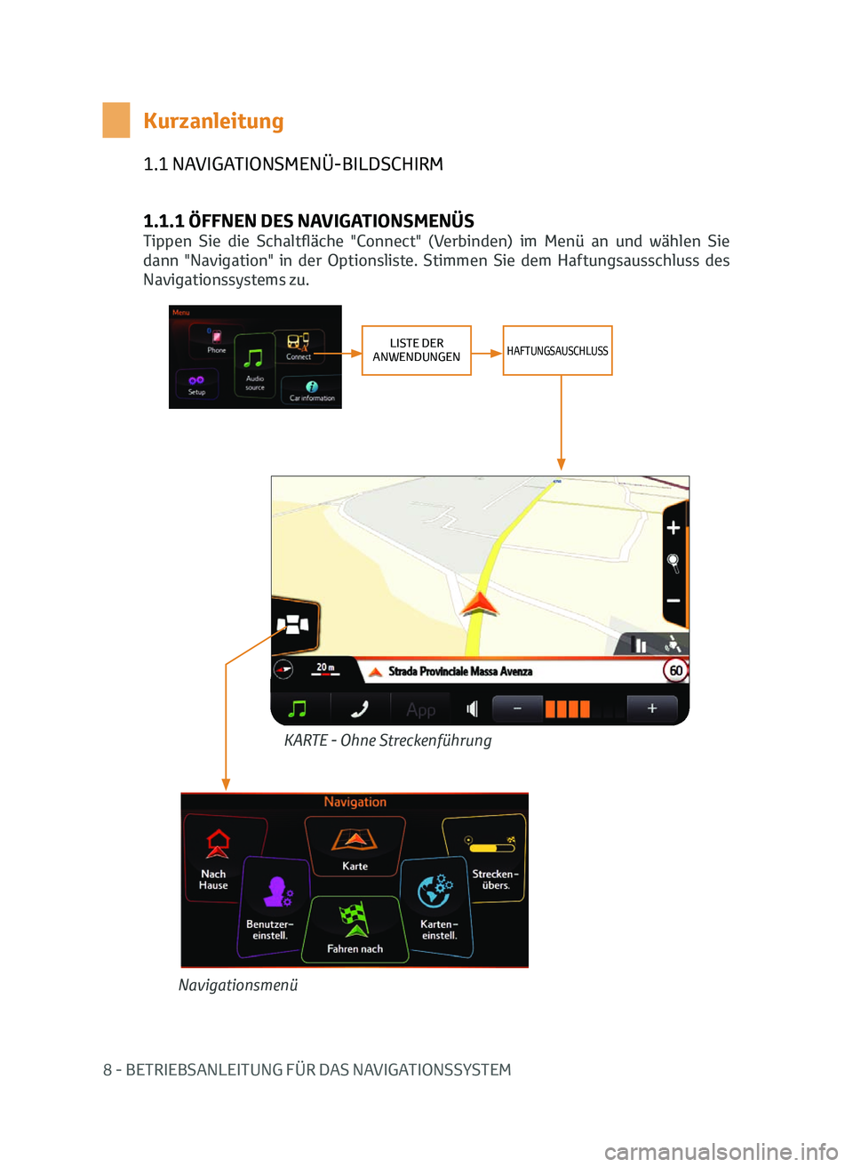 TOYOTA AYGO 2020 Betriebsanleitungen (in German) 8 - BETRIEBSANLEITUNG FÜR DAS NAVIGATIONSSYSTEM
1.1 NAVIGATIONSMENÜ-BILDSCHIRM
1.1.1 ÖFFNEN DES NAVIGATIONSMENÜS
Tippen Sie die Schaltfläche "Connect" (Verbinden) im Menü an und TOYOTA AYGO 2020 Betriebsanleitungen (in German) 8 - BETRIEBSANLEITUNG FÜR DAS NAVIGATIONSSYSTEM
1.1 NAVIGATIONSMENÜ-BILDSCHIRM
1.1.1 ÖFFNEN DES NAVIGATIONSMENÜS
Tippen Sie die Schaltfläche "Connect" (Verbinden) im Menü an und