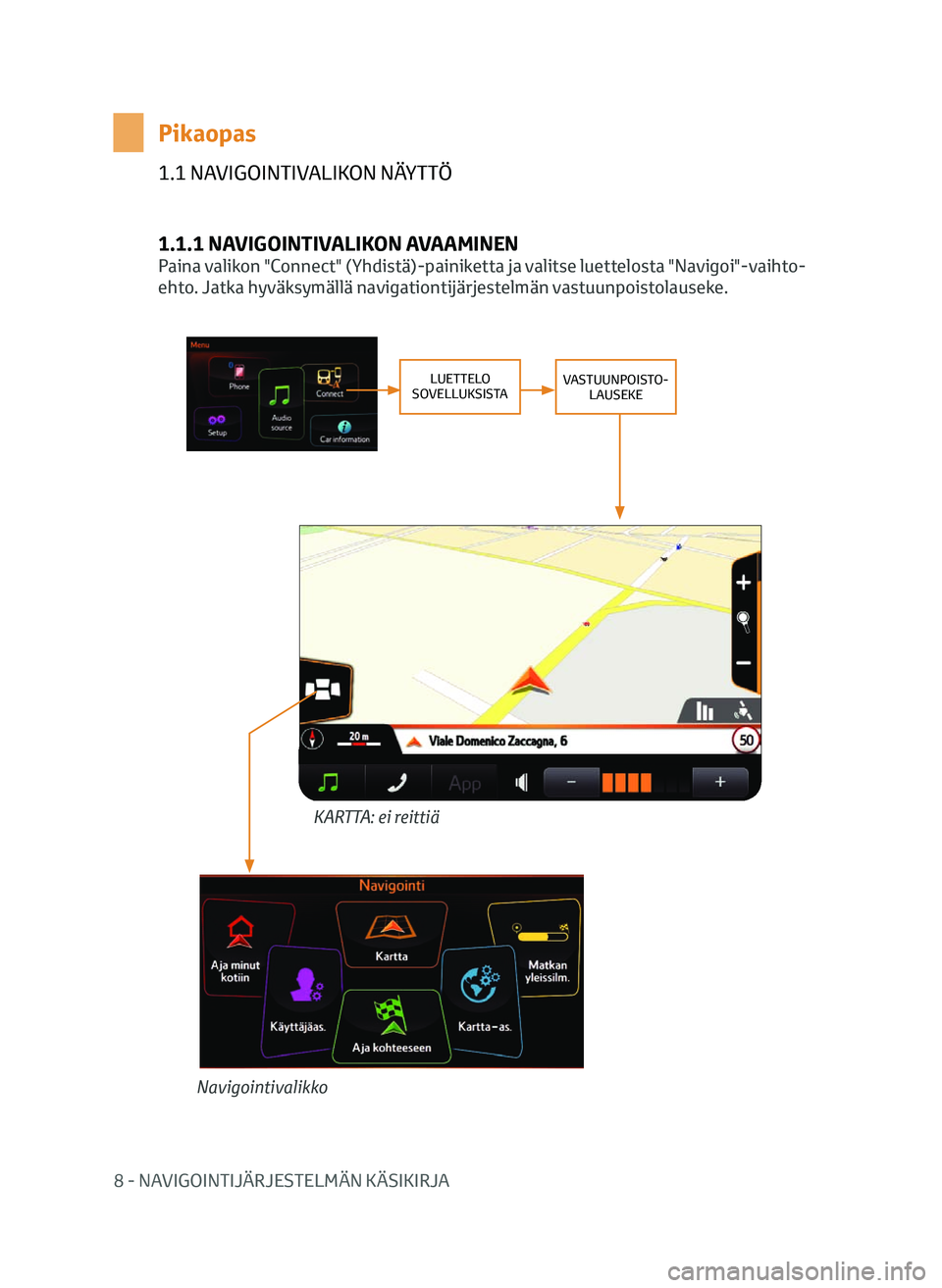 TOYOTA AYGO 2020 Omistajan Käsikirja (in Finnish) 8 - NAVIGOINTIJÄRJESTELMÄN KÄSIKIRJA
1.1 NAVIGOINTIVALIKON NÄYTTÖ
1.1.1 NAVIGOINTIVALIKON AVAAMINEN
Paina valikon "Connect" (Yhdistä)-painiketta ja valitse luettelosta "Navigoi"- TOYOTA AYGO 2020 Omistajan Käsikirja (in Finnish) 8 - NAVIGOINTIJÄRJESTELMÄN KÄSIKIRJA
1.1 NAVIGOINTIVALIKON NÄYTTÖ
1.1.1 NAVIGOINTIVALIKON AVAAMINEN
Paina valikon "Connect" (Yhdistä)-painiketta ja valitse luettelosta "Navigoi"-