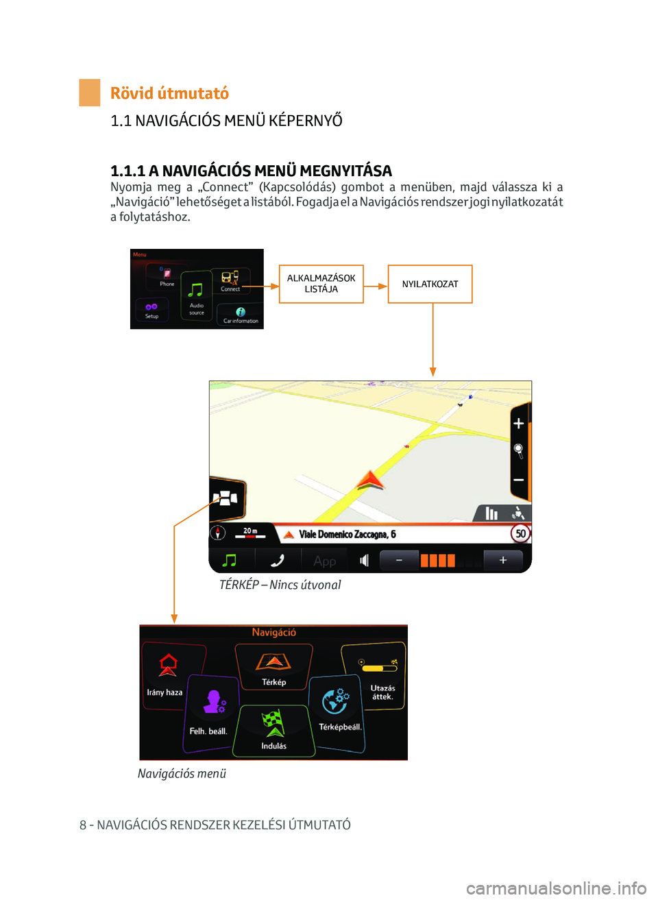 TOYOTA AYGO 2020 Kezelési útmutató (in Hungarian) 8 - NAVIGÁCIÓS RENDSZER KEZELÉSI ÚTMUTATÓ
1.1 NAVIGÁCIÓS MENÜ KÉPERNYŐ
1.1.1 A NAVIGÁCIÓS MENÜ MEGNYITÁSA
Nyomja meg a „Connect” (Kapcsolódás) gombot a menüben, majd válassza ki TOYOTA AYGO 2020 Kezelési útmutató (in Hungarian) 8 - NAVIGÁCIÓS RENDSZER KEZELÉSI ÚTMUTATÓ
1.1 NAVIGÁCIÓS MENÜ KÉPERNYŐ
1.1.1 A NAVIGÁCIÓS MENÜ MEGNYITÁSA
Nyomja meg a „Connect” (Kapcsolódás) gombot a menüben, majd válassza ki