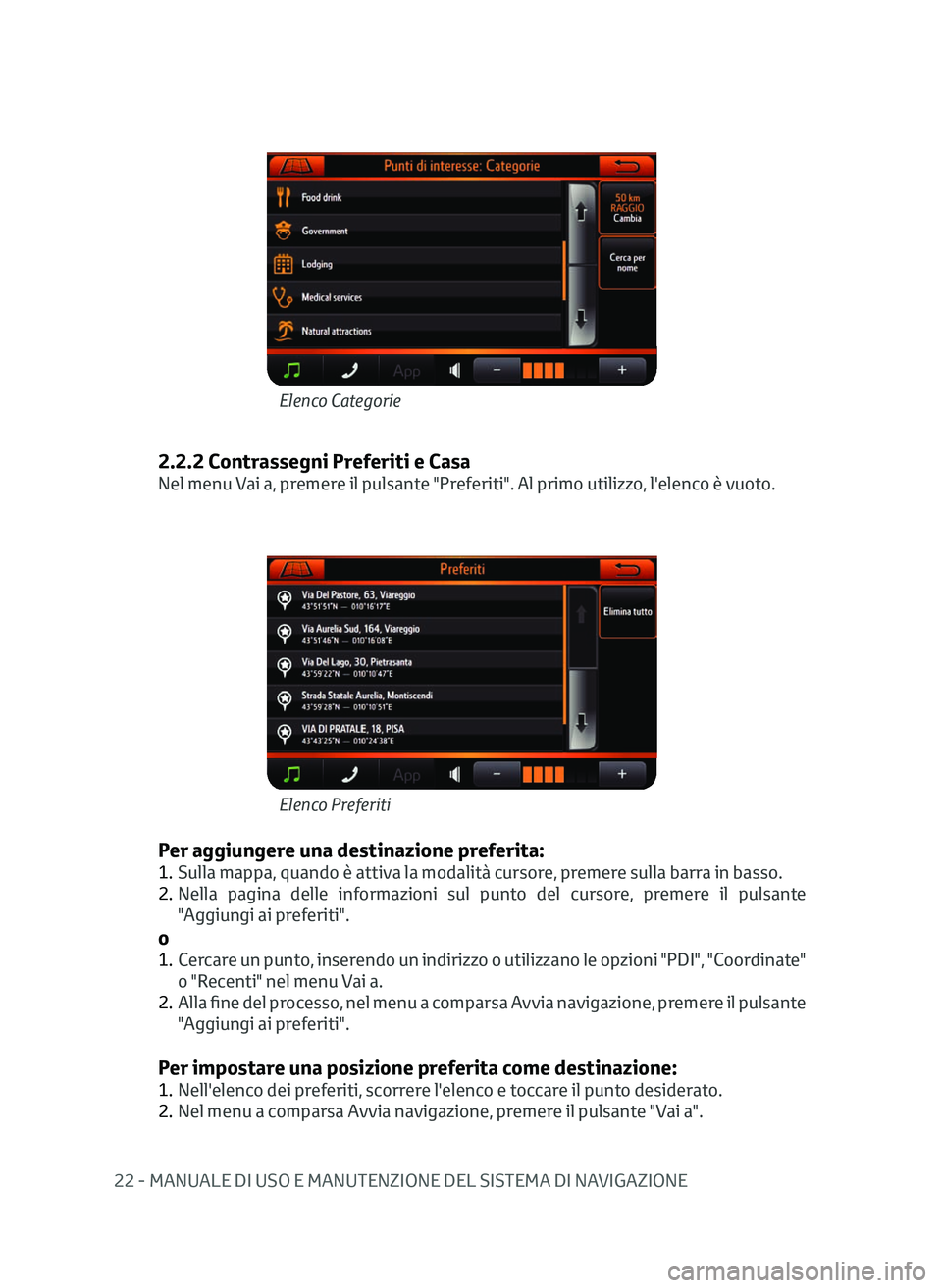 TOYOTA AYGO 2020 Manuale duso (in Italian) 22 - MANUALE DI USO E MANUTENZIONE DEL SISTEMA DI NAVIGAZIONE
2.2.2 Contrassegni Preferiti e Casa
Nel menu Vai a, premere il pulsante "Preferiti". Al primo utilizzo, l'elenco è vuoto.
Per TOYOTA AYGO 2020 Manuale duso (in Italian) 22 - MANUALE DI USO E MANUTENZIONE DEL SISTEMA DI NAVIGAZIONE
2.2.2 Contrassegni Preferiti e Casa
Nel menu Vai a, premere il pulsante "Preferiti". Al primo utilizzo, l'elenco è vuoto.
Per