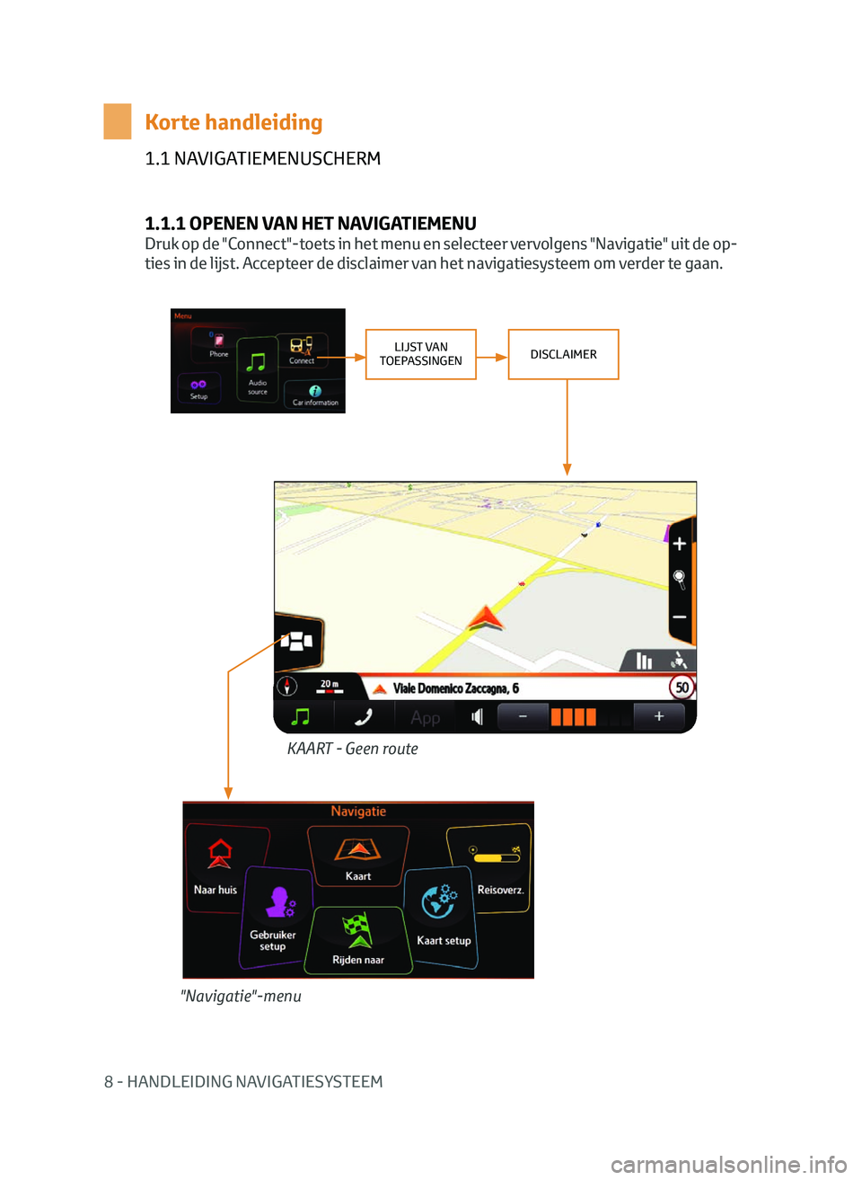 TOYOTA AYGO 2020 Instructieboekje (in Dutch) 8 - HANDLEIDING NAVIGATIESYSTEEM
1.1 NAVIGATIEMENUSCHERM
1.1.1 OPENEN VAN HET NAVIGATIEMENU
Druk op de "Connect"-toets in het menu en selecteer vervolgens "Navigatie" uit de op-
ties i TOYOTA AYGO 2020 Instructieboekje (in Dutch) 8 - HANDLEIDING NAVIGATIESYSTEEM
1.1 NAVIGATIEMENUSCHERM
1.1.1 OPENEN VAN HET NAVIGATIEMENU
Druk op de "Connect"-toets in het menu en selecteer vervolgens "Navigatie" uit de op-
ties i