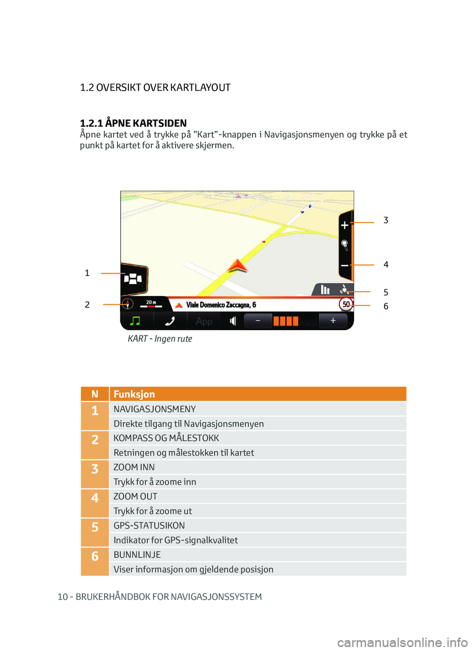 TOYOTA AYGO 2020  Instruksjoner for bruk (in Norwegian) 10 - BRUKERHÅNDBOK FOR NAVIGASJONSSYSTEM
1.2 OVERSIKT OVER KARTLAYOUT
1.2.1 ÅPNE KARTSIDEN
Åpne kartet ved å trykke på ”Kart”-knappen i Navigasjonsmenyen og trykke på et 
punkt på kartet fo