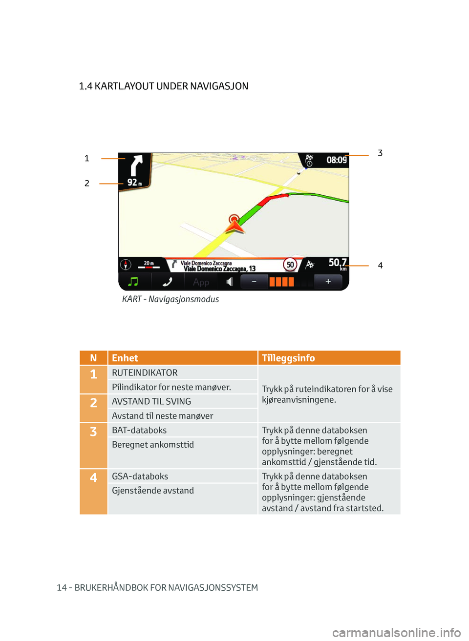 TOYOTA AYGO 2020  Instruksjoner for bruk (in Norwegian) 14 - BRUKERHÅNDBOK FOR NAVIGASJONSSYSTEM
1.4 KARTLAYOUT UNDER NAVIGASJON
23
4
KART - Navigasjonsmodus
1
N Enhet
Tilleggsinfo
1RUTEINDIKATOR
Trykk på ruteindikatoren for å vise 
kjøreanvisningene.
