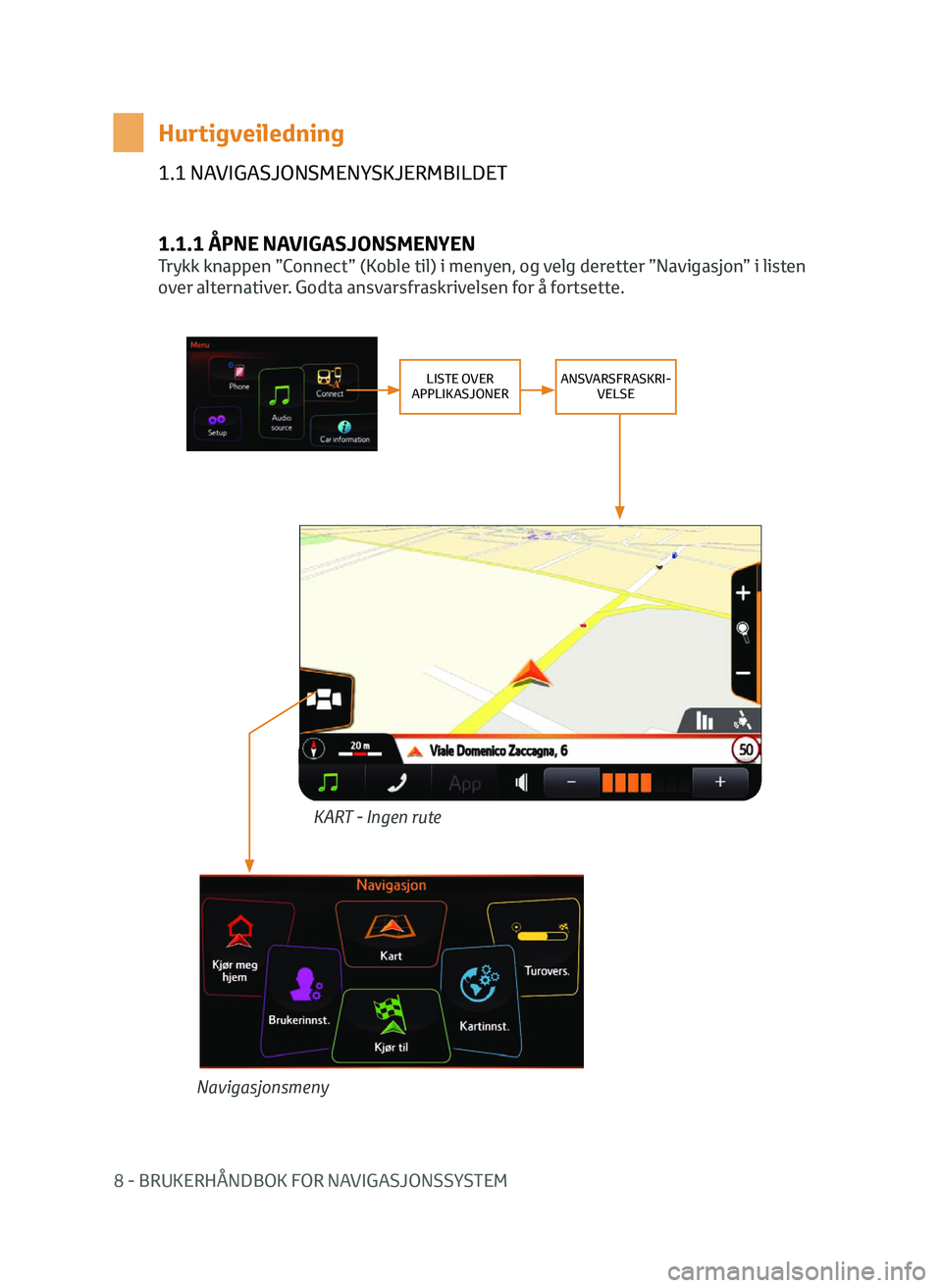 TOYOTA AYGO 2020 Instruksjoner for bruk (in Norwegian) 8 - BRUKERHÅNDBOK FOR NAVIGASJONSSYSTEM
1.1 NAVIGASJONSMENYSKJERMBILDET
1.1.1 ÅPNE NAVIGASJONSMENYEN
Trykk knappen ”Connect” (Koble til) i menyen, og velg deretter ”Navigasjon” i listen
ove TOYOTA AYGO 2020 Instruksjoner for bruk (in Norwegian) 8 - BRUKERHÅNDBOK FOR NAVIGASJONSSYSTEM
1.1 NAVIGASJONSMENYSKJERMBILDET
1.1.1 ÅPNE NAVIGASJONSMENYEN
Trykk knappen ”Connect” (Koble til) i menyen, og velg deretter ”Navigasjon” i listen
ove