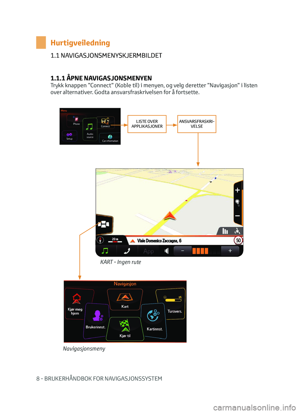 TOYOTA AYGO 2020  Instruksjoner for bruk (in Norwegian) 8 - BRUKERHÅNDBOK FOR NAVIGASJONSSYSTEM
1.1 NAVIGASJONSMENYSKJERMBILDET
1.1.1 ÅPNE NAVIGASJONSMENYEN
Trykk knappen ”Connect” (Koble til) i menyen, og velg deretter ”Navigasjon” i listen 
ove