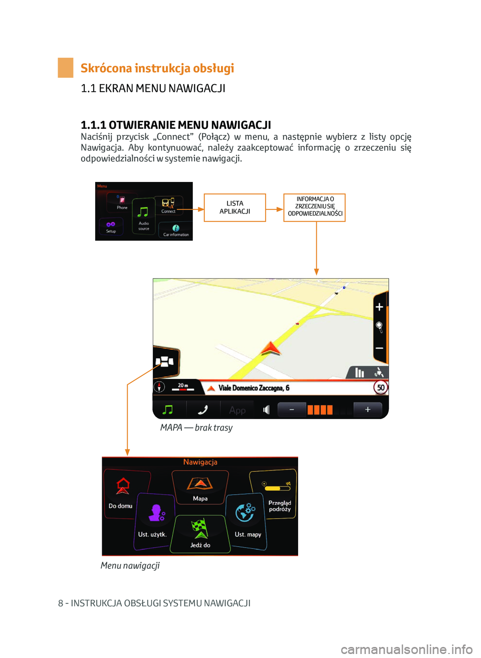 TOYOTA AYGO 2020  Instrukcja obsługi (in Polish) 8 - INSTRUKCJA OBSŁUGI SYSTEMU NAWIGACJI
1.1 EKRAN MENU NAWIGACJI
1.1.1 OTWIERANIE MENU NAWIGACJI
Naciśnij  przycisk  „Connect”  (Połącz)  w  menu,  a  następnie  wybierz  z  listy  opcję 
N