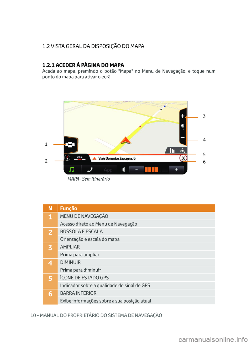 TOYOTA AYGO 2020  Manual de utilização (in Portuguese) 10 - MANUAL DO PROPRIETÁRIO DO SISTEMA DE NAVEGAÇÃO
1.2 VISTA GERAL DA DISPOSIÇÃO DO MAPA
1.2.1 ACEDER À PÁGINA DO MAPA
Aceda ao mapa, premindo o botão "Mapa" no Menu de Navegação, e