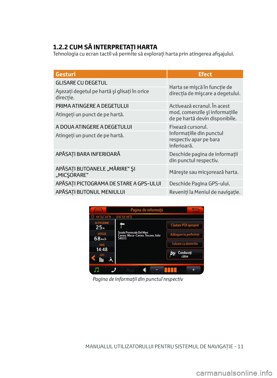 TOYOTA AYGO 2020 Manual de utilizare (in Romanian) MANUALUL UTILIZATORULUI PENTRU SISTEMUL DE NAVIGAŢIE - 11
1.2.2 CUM SĂ INTERPRETAŢI HARTA
Tehnologia cu ecran tactil vă permite să exploraţi harta prin atingerea afişajului.
GesturiEfect
GLISAR TOYOTA AYGO 2020 Manual de utilizare (in Romanian) MANUALUL UTILIZATORULUI PENTRU SISTEMUL DE NAVIGAŢIE - 11
1.2.2 CUM SĂ INTERPRETAŢI HARTA
Tehnologia cu ecran tactil vă permite să exploraţi harta prin atingerea afişajului.
GesturiEfect
GLISAR