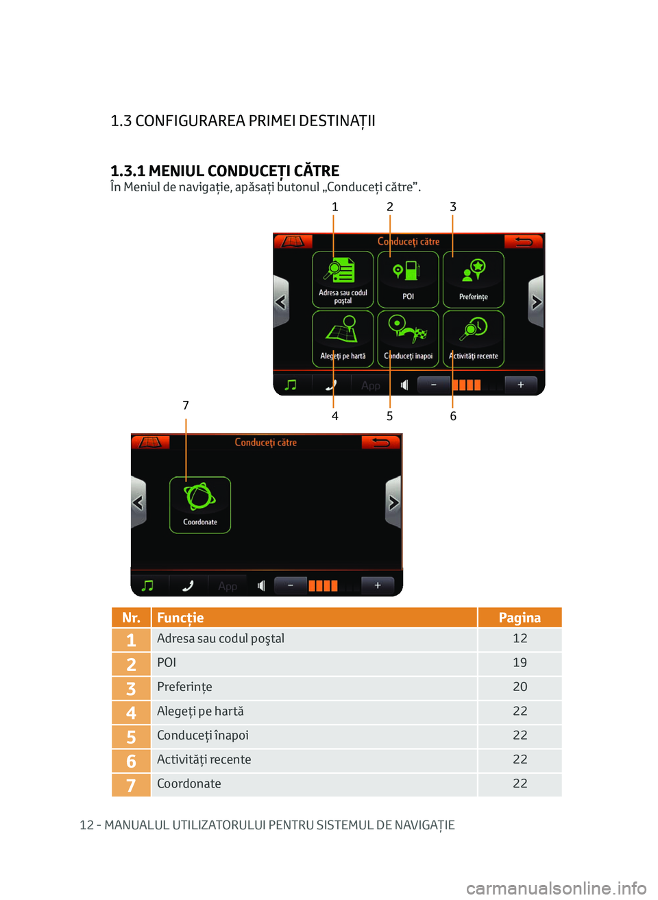 TOYOTA AYGO 2020 Manual de utilizare (in Romanian) 12 - MANUALUL UTILIZATORULUI PENTRU SISTEMUL DE NAVIGAŢIE
1.3 CONFIGURAREA PRIMEI DESTINAŢII
1.3.1 MENIUL CONDUCEŢI CĂTRE
În Meniul de navigaţie, apăsaţi butonul „Conduceţi către”.
12 3
TOYOTA AYGO 2020 Manual de utilizare (in Romanian) 12 - MANUALUL UTILIZATORULUI PENTRU SISTEMUL DE NAVIGAŢIE
1.3 CONFIGURAREA PRIMEI DESTINAŢII
1.3.1 MENIUL CONDUCEŢI CĂTRE
În Meniul de navigaţie, apăsaţi butonul „Conduceţi către”.
12 3