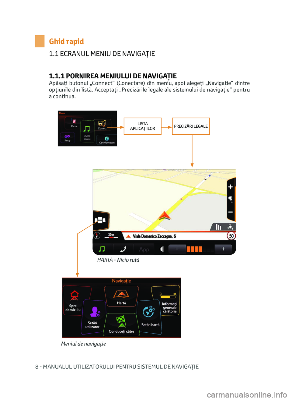 TOYOTA AYGO 2020  Manual de utilizare (in Romanian) 8 - MANUALUL UTILIZATORULUI PENTRU SISTEMUL DE NAVIGAŢIE
1.1 ECRANUL MENIU DE NAVIGAŢIE
1.1.1 PORNIREA MENIULUI DE NAVIGAŢIE
Apăsaţi  butonul  „Connect”  (Conectare)  din  meniu,  apoi  alege