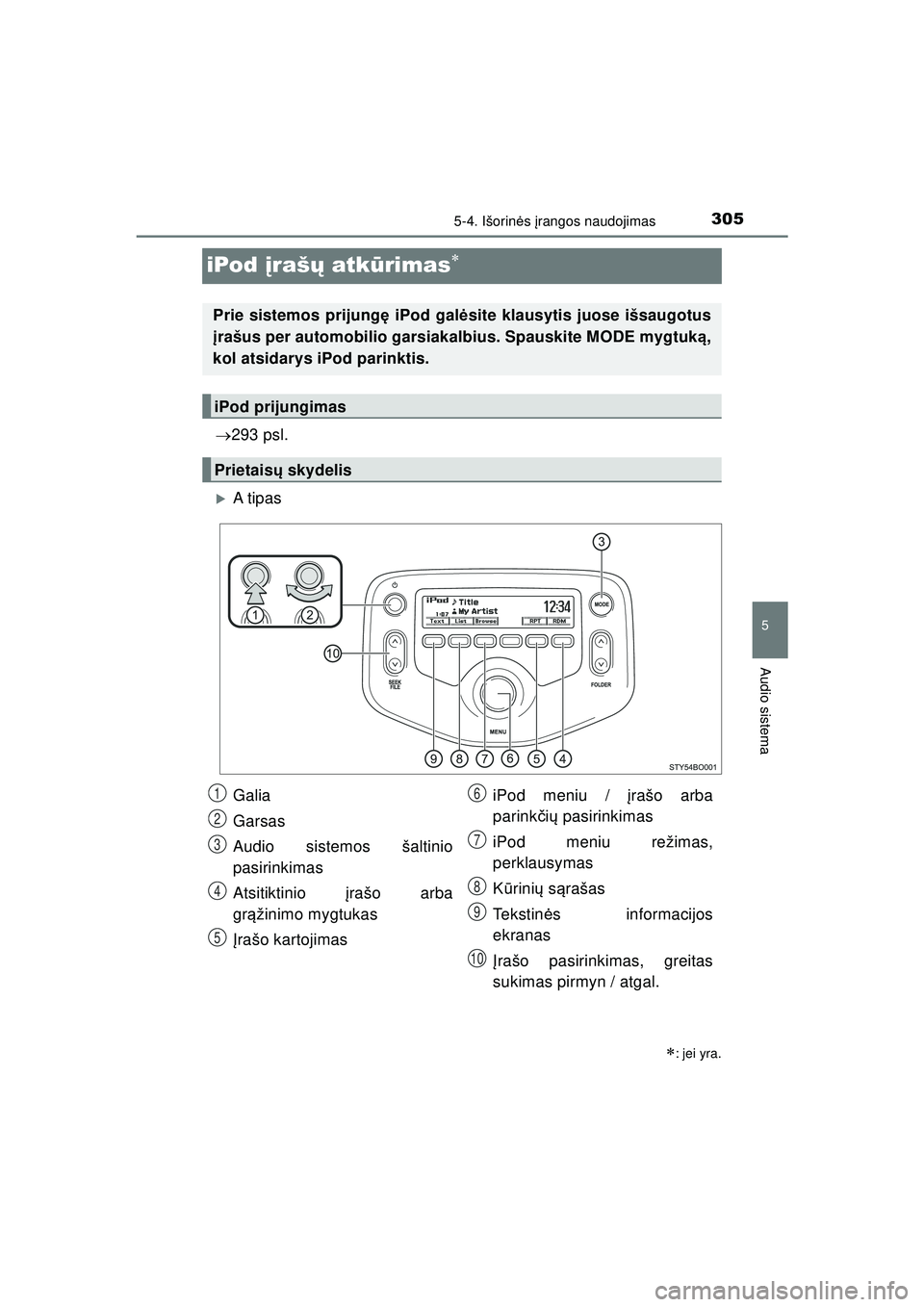 TOYOTA AYGO 2020  Eksploatavimo vadovas (in Lithuanian) 305
5
5-4. Išorinės įrangos naudojimas
Audio sistema
AYGO_OM_Europe_OM9A012LT
iPod  įraš ų atk ūrimas
 293 psl.
�XA t ip a s
: jei yra.
Prie sistemos prijung ę iPod gal ėsite klausyt
