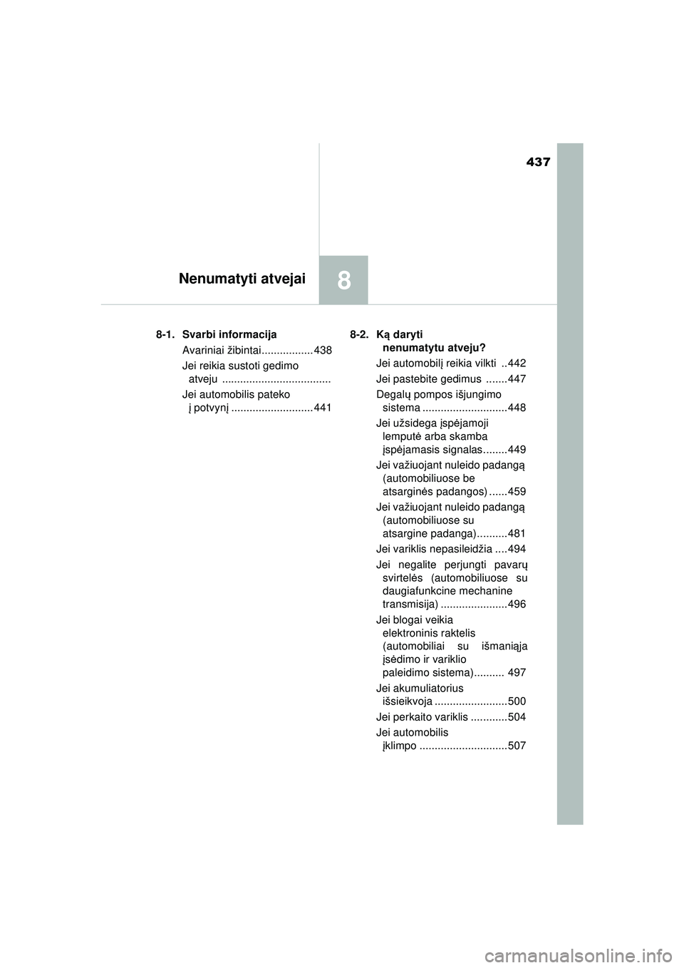 TOYOTA AYGO 2020 Eksploatavimo vadovas (in Lithuanian) 437
8Nenumatyti atvejai
AYGO_OM_Europe_OM9A012LT8-1. Svarbi informacija
Avariniai ži bintai................. 438
Jei reikia sustoti gedimo atveju ....................................
Jei automobilis TOYOTA AYGO 2020 Eksploatavimo vadovas (in Lithuanian) 437
8Nenumatyti atvejai
AYGO_OM_Europe_OM9A012LT8-1. Svarbi informacija
Avariniai ži bintai................. 438
Jei reikia sustoti gedimo atveju ....................................
Jei automobilis