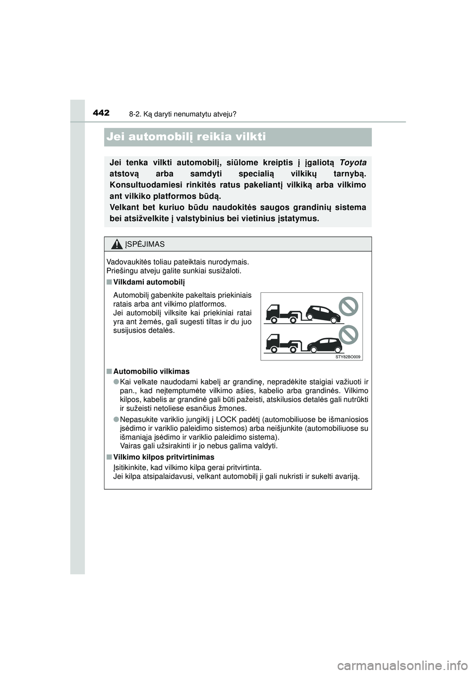 TOYOTA AYGO 2020 Eksploatavimo vadovas (in Lithuanian) 4428-2. Ką daryti nenumatytu atveju?
AYGO_OM_Europe_OM9A012LT
Jei automobil į reikia vilkti
Jei tenka vilkti automobil į, siū lome kreiptis į įgaliot ą Toyota
atstov ą arba samdyti speciali TOYOTA AYGO 2020 Eksploatavimo vadovas (in Lithuanian) 4428-2. Ką daryti nenumatytu atveju?
AYGO_OM_Europe_OM9A012LT
Jei automobil į reikia vilkti
Jei tenka vilkti automobil į, siū lome kreiptis į įgaliot ą Toyota
atstov ą arba samdyti speciali