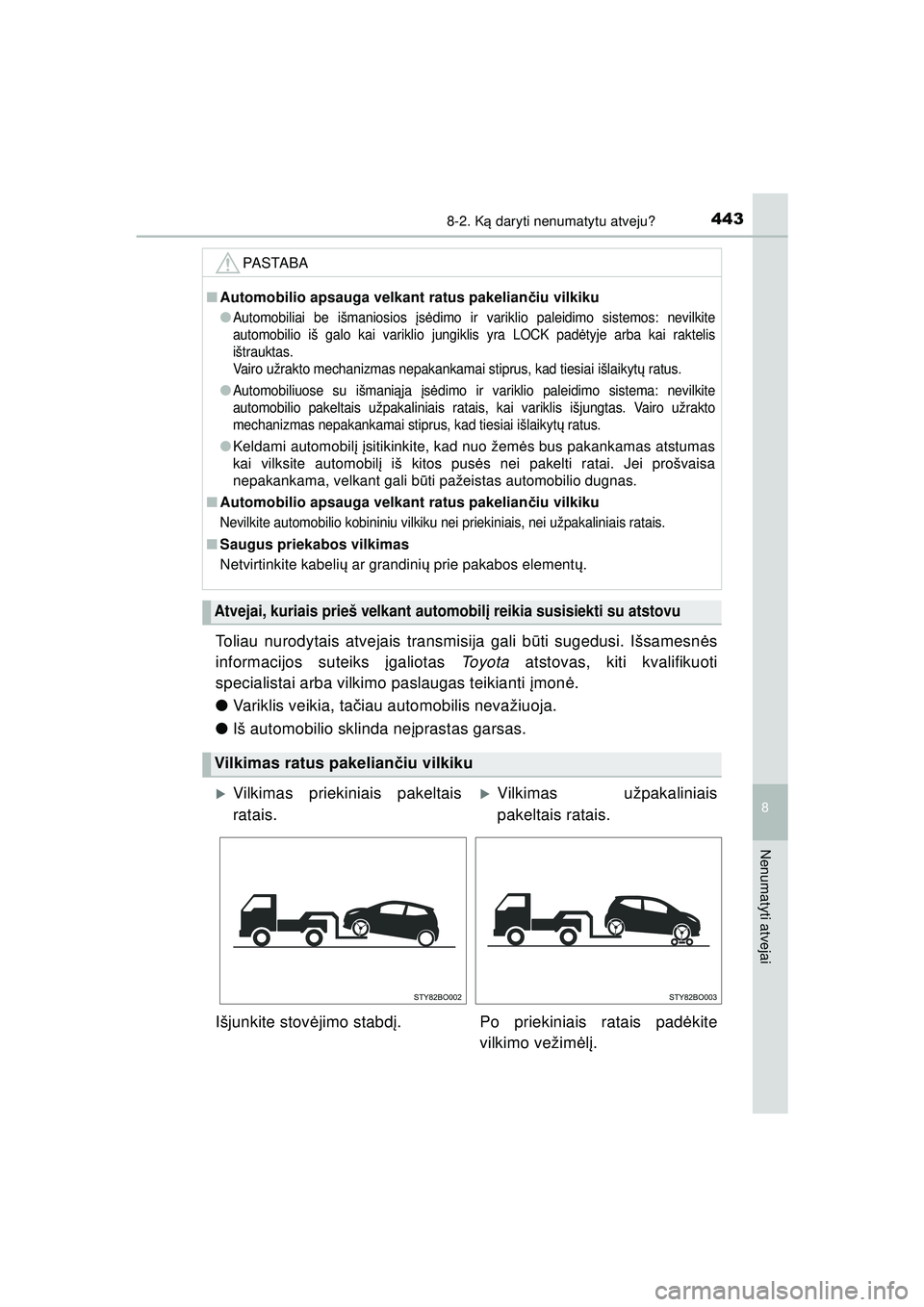 TOYOTA AYGO 2020 Eksploatavimo vadovas (in Lithuanian) 4438-2. Ką daryti nenumatytu atveju?
8
Nenumatyti atvejai
AYGO_OM_Europe_OM9A012LT
Toliau nurodytais atvejais transmisija gali b ūti sugedusi. Išsamesn ės
informacijos suteiks įgaliotas To y o TOYOTA AYGO 2020 Eksploatavimo vadovas (in Lithuanian) 4438-2. Ką daryti nenumatytu atveju?
8
Nenumatyti atvejai
AYGO_OM_Europe_OM9A012LT
Toliau nurodytais atvejais transmisija gali b ūti sugedusi. Išsamesn ės
informacijos suteiks įgaliotas To y o