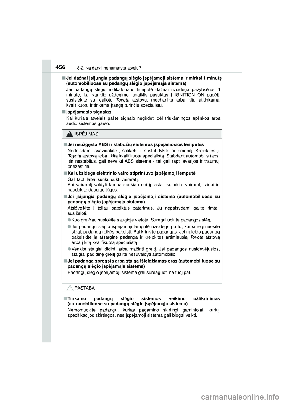 TOYOTA AYGO 2020 Eksploatavimo vadovas (in Lithuanian) 4568-2. Ką daryti nenumatytu atveju?
AYGO_OM_Europe_OM9A012LT ■
Jei dažnai įsijungia padang ų sl ėgio įsp ėjamoji sistema ir mirksi 1 minut ę
(automobiliuose su padang ų sl ėgio įsp ė TOYOTA AYGO 2020 Eksploatavimo vadovas (in Lithuanian) 4568-2. Ką daryti nenumatytu atveju?
AYGO_OM_Europe_OM9A012LT ■
Jei dažnai įsijungia padang ų sl ėgio įsp ėjamoji sistema ir mirksi 1 minut ę
(automobiliuose su padang ų sl ėgio įsp ė