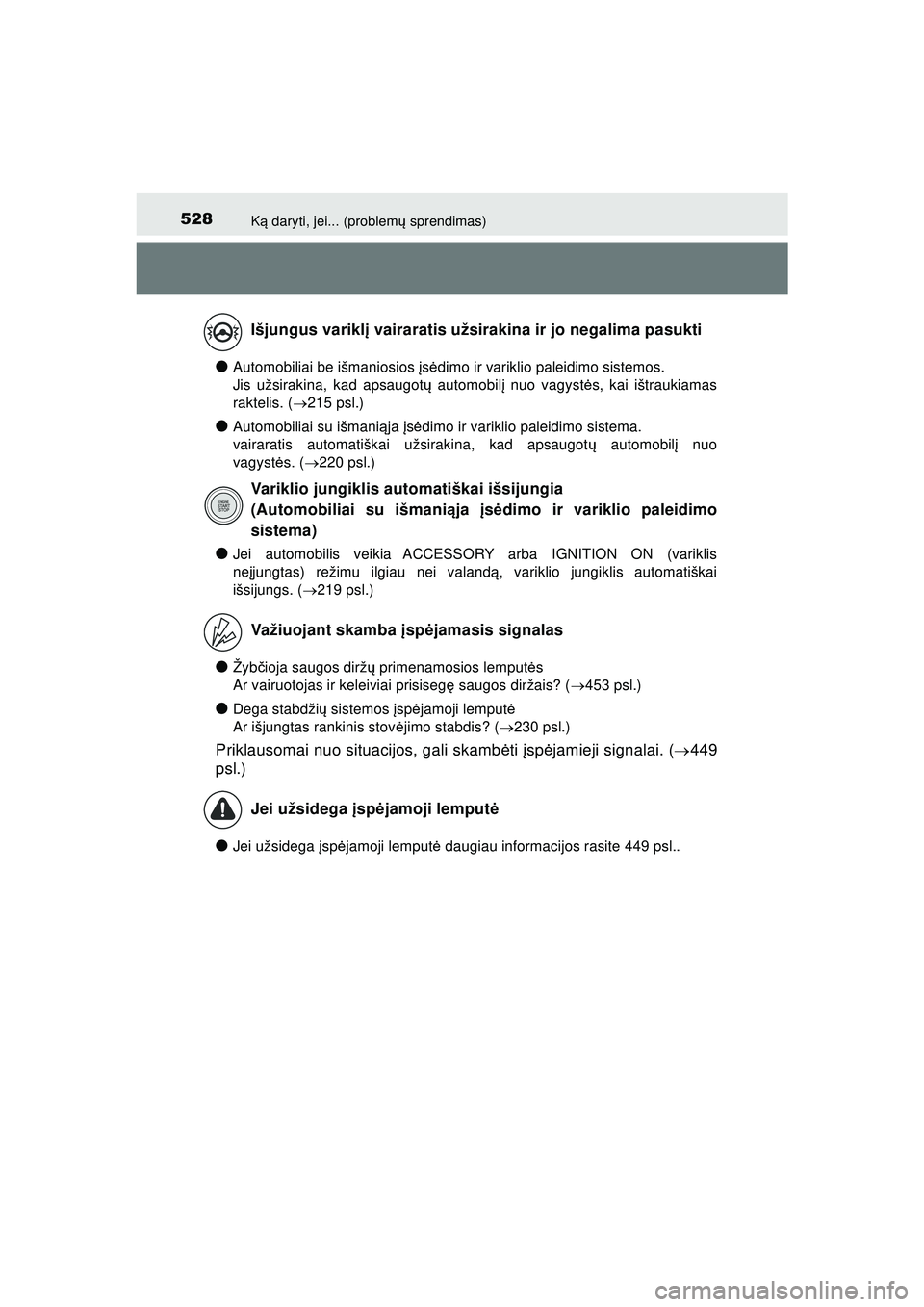 TOYOTA AYGO 2020  Eksploatavimo vadovas (in Lithuanian) 528Ką daryti, jei... (problem ų sprendimas)
AYGO_OM_Europe_OM9A012LT
●Automobiliai be išmaniosios  įs ė dimo ir variklio paleidimo sistemos. 
Jis užsirakina, kad apsaugot ų automobil į nuo v