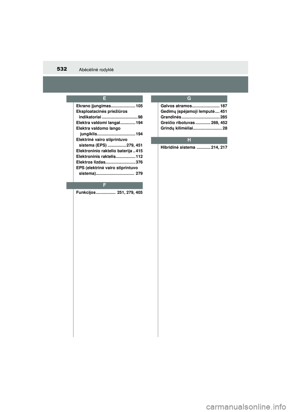 TOYOTA AYGO 2020 Eksploatavimo vadovas (in Lithuanian) 532Abėcė lin ė rodykl ė
AYGO_OM_Europe_OM9A012LT
Ekrano įjungimas..................... 105
Eksploatacin ės prieži ūros
indikatoriai ............................... 98
Elektra valdomi langai TOYOTA AYGO 2020 Eksploatavimo vadovas (in Lithuanian) 532Abėcė lin ė rodykl ė
AYGO_OM_Europe_OM9A012LT
Ekrano įjungimas..................... 105
Eksploatacin ės prieži ūros
indikatoriai ............................... 98
Elektra valdomi langai