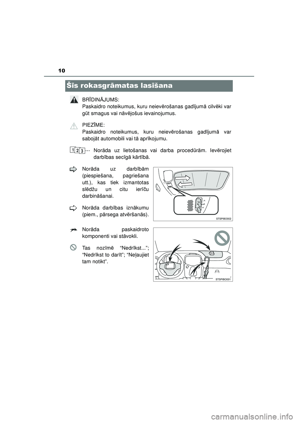 TOYOTA AYGO 2020 Lietošanas Instrukcija (in Latvian) 10
AYGO_OM_Europe_OM9A01LV
Šīs rokasgr āmatas las īšana
BR ĪDIN ĀJUMS:
Paskaidro noteikumus, kuru neiev ērošanas gad ījum ā cilv ēki var
g ūt smagus vai n āvē jošus ievainojumus.
PIEZ TOYOTA AYGO 2020 Lietošanas Instrukcija (in Latvian) 10
AYGO_OM_Europe_OM9A01LV
Šīs rokasgr āmatas las īšana
BR ĪDIN ĀJUMS:
Paskaidro noteikumus, kuru neiev ērošanas gad ījum ā cilv ēki var
g ūt smagus vai n āvē jošus ievainojumus.
PIEZ