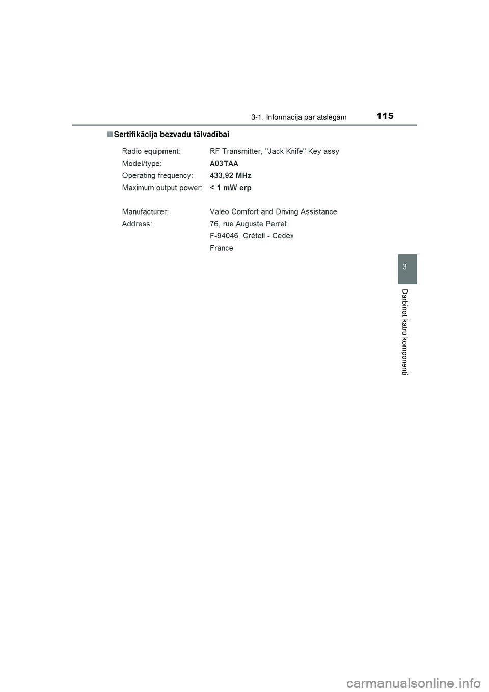 TOYOTA AYGO 2020  Lietošanas Instrukcija (in Latvian) 1153-1. Informācija par atsl ēgā m
3
Darbinot katru komponenti
AYGO_OM_Europe_OM9A01LV ■
Sertifik ācija bezvadu t ālvad ībai
AYGO_OM_Europe_OM9A012LV.book  Page 115  Thursday, January 14, 2021