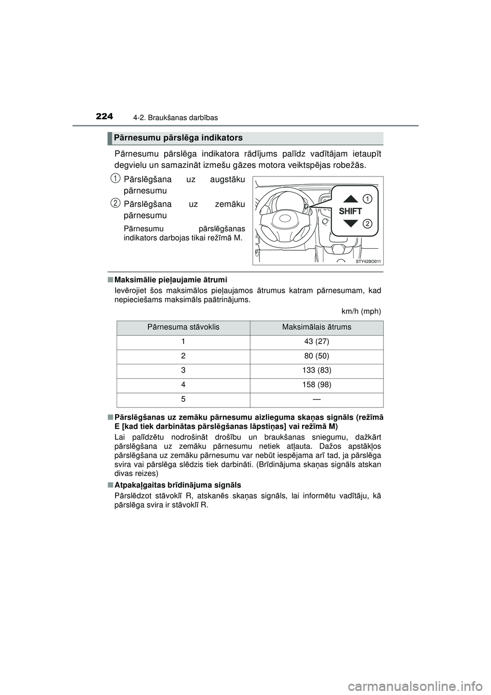 TOYOTA AYGO 2020  Lietošanas Instrukcija (in Latvian) 2244-2. Braukšanas darbības
AYGO_OM_Europe_OM9A01LV
P ārnesumu pā rslēga indikatora r ād ījums pal īdz vadī tā jam ietaup īt
degvielu un samazin āt izmešu g āzes motora veiktsp ējas rob