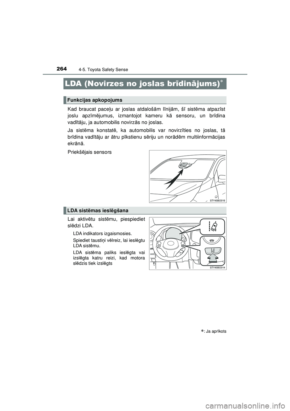 TOYOTA AYGO 2020 Lietošanas Instrukcija (in Latvian) 2644-5. Toyota Safety Sense
AYGO_OM_Europe_OM9A01LV
LDA (Novirzes no joslas brīdinājums)
Kad braucat pace ļu ar joslas atdaloš ām l īnij ām, š ī sist ēma atpaz īst
joslu apz īm ējumus, TOYOTA AYGO 2020 Lietošanas Instrukcija (in Latvian) 2644-5. Toyota Safety Sense
AYGO_OM_Europe_OM9A01LV
LDA (Novirzes no joslas brīdinājums)
Kad braucat pace ļu ar joslas atdaloš ām l īnij ām, š ī sist ēma atpaz īst
joslu apz īm ējumus,