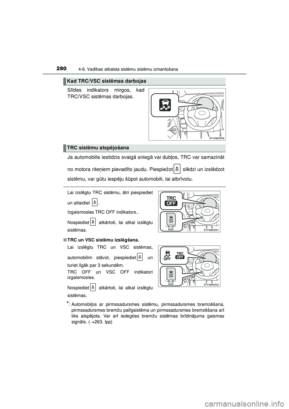 TOYOTA AYGO 2020  Lietošanas Instrukcija (in Latvian) 2804-6. Vadības atbalsta sist ēmu sist ēmu izmantošana
AYGO_OM_Europe_OM9A01LV
Sl īdes indikators mirgos, kad
TRC/VSC sist ēmas darbojas.
Ja automobilis iestidzis svaig ā snieg ā vai dub ļos,