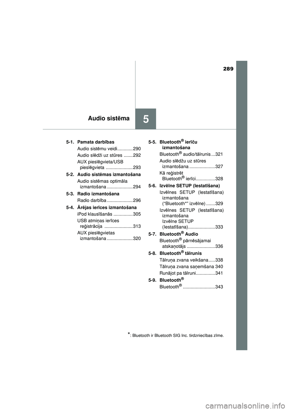 TOYOTA AYGO 2020  Lietošanas Instrukcija (in Latvian) 289
5Audio sistēma
AYGO_OM_Europe_OM9A01LV 5-1. Pamata darb
ības
Audio sist ēmu veidi............ 290
Audio sl ēdži uz st ūres ....... 292
AUX piesl ēgvieta/USB 
piesl ēgvieta ................