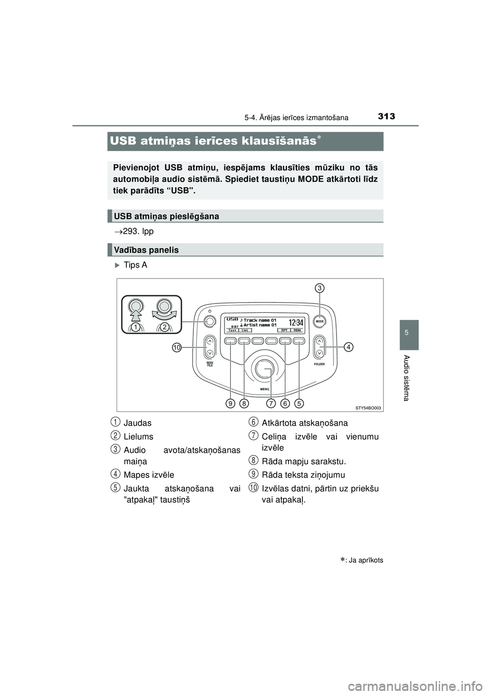 TOYOTA AYGO 2020  Lietošanas Instrukcija (in Latvian) 313
5
5-4. Ārē jas ier īces izmantošana
Audio sist ēma
AYGO_OM_Europe_OM9A01LV
USB atmi ņas ier īces klaus īšan ās
 293. lpp
�XTip s A
: Ja apr īkots
Pievienojot USB atmiņ u, iesp