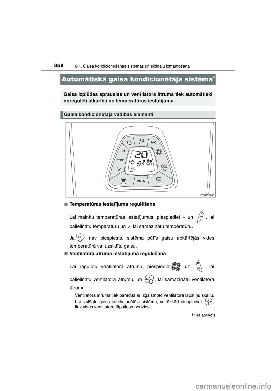 TOYOTA AYGO 2020  Lietošanas Instrukcija (in Latvian) 3586-1. Gaisa kondicionēšanas sist ēmas un sild īt ā ju izmantošana
AYGO_OM_Europe_OM9A01LV
Autom ātisk ā gaisa kondicion ētā ja sist ēma
■Te m p e r a t ūras iestat ījuma regul ēš