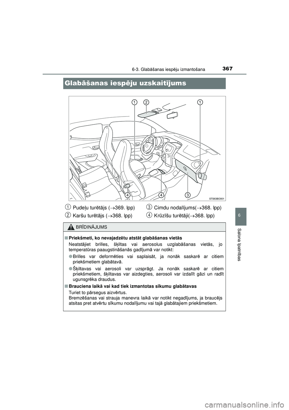 TOYOTA AYGO 2020  Lietošanas Instrukcija (in Latvian) 3676-3. Glabāšanas iesp ēju izmantošana
6
Salona  īpatnī bas
AYGO_OM_Europe_OM9A01LV
Glab āšanas iesp ēju uzskait ījums
Pude ļu tur ētā js ( 369. lpp)
Karšu tur ētā js ( 368. lpp