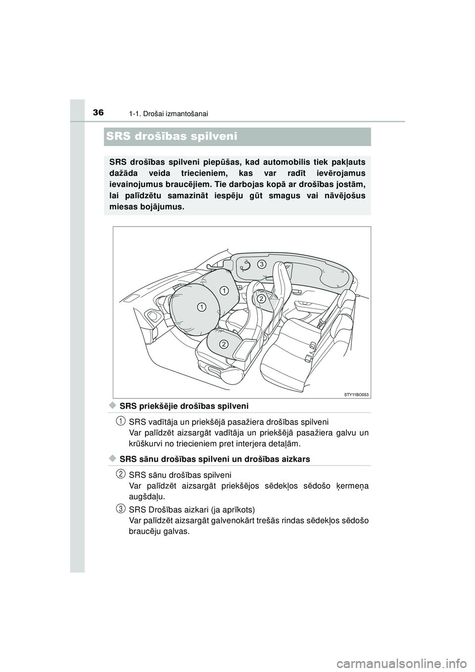 TOYOTA AYGO 2020 Lietošanas Instrukcija (in Latvian) 361-1. Drošai izmantošanai
AYGO_OM_Europe_OM9A01LV
SRS drošības spilveni
◆SRS priekš ējie droš ības spilveni
SRS vad ītā ja un priekš ējā pasažiera droš ības spilveni
Var pal īdz TOYOTA AYGO 2020 Lietošanas Instrukcija (in Latvian) 361-1. Drošai izmantošanai
AYGO_OM_Europe_OM9A01LV
SRS drošības spilveni
◆SRS priekš ējie droš ības spilveni
SRS vad ītā ja un priekš ējā pasažiera droš ības spilveni
Var pal īdz
