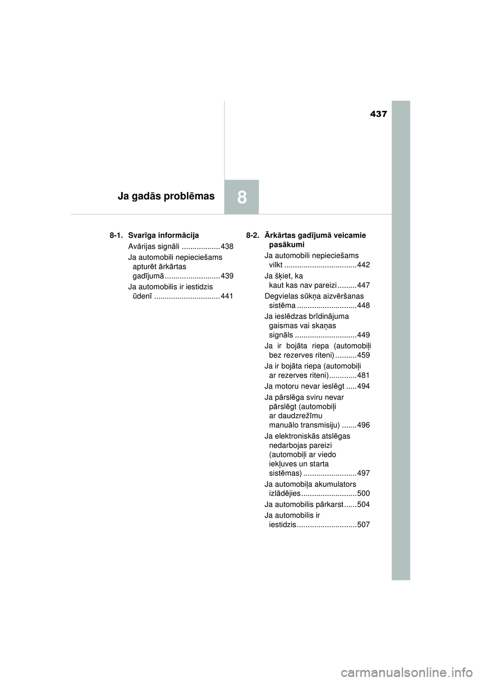 TOYOTA AYGO 2020 Lietošanas Instrukcija (in Latvian) 437
8Ja gadās probl ēmas
AYGO_OM_Europe_OM9A01LV 8-1. Svar
īga inform ācija
Av ārijas sign āli .................. 438
Ja automobili nepieciešams aptur ēt ā rkārtas
gadī jumā............. TOYOTA AYGO 2020 Lietošanas Instrukcija (in Latvian) 437
8Ja gadās probl ēmas
AYGO_OM_Europe_OM9A01LV 8-1. Svar
īga inform ācija
Av ārijas sign āli .................. 438
Ja automobili nepieciešams aptur ēt ā rkārtas
gadī jumā.............