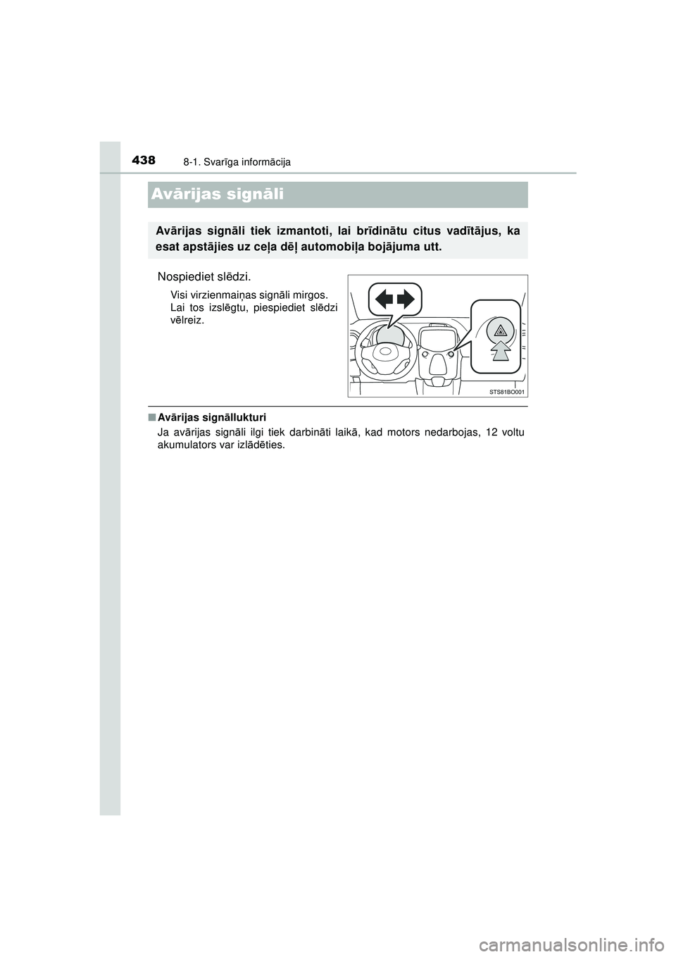 TOYOTA AYGO 2020 Lietošanas Instrukcija (in Latvian) 4388-1. Svarīga inform ācija
AYGO_OM_Europe_OM9A012E
Av ārijas sign āli
Nospiediet slē dzi.
Visi virzienmai ņas sign āli mirgos.
Lai tos izsl ēgtu, piespiediet sl ēdzi
v ē lreiz.
■ Av āri TOYOTA AYGO 2020 Lietošanas Instrukcija (in Latvian) 4388-1. Svarīga inform ācija
AYGO_OM_Europe_OM9A012E
Av ārijas sign āli
Nospiediet slē dzi.
Visi virzienmai ņas sign āli mirgos.
Lai tos izsl ēgtu, piespiediet sl ēdzi
v ē lreiz.
■ Av āri