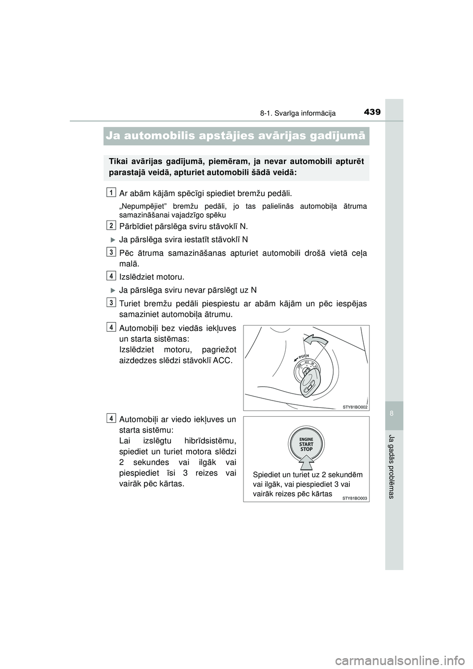 TOYOTA AYGO 2020 Lietošanas Instrukcija (in Latvian) 4398-1. Svarīga inform ācija
8
Ja gad ās probl ēmas
AYGO_OM_Europe_OM9A012E
Ja automobilis apst ājies av ārijas gad ījum ā
Ar ab ām k ājā m sp ēcīgi spiediet bremžu ped āli.
„Nepump TOYOTA AYGO 2020 Lietošanas Instrukcija (in Latvian) 4398-1. Svarīga inform ācija
8
Ja gad ās probl ēmas
AYGO_OM_Europe_OM9A012E
Ja automobilis apst ājies av ārijas gad ījum ā
Ar ab ām k ājā m sp ēcīgi spiediet bremžu ped āli.
„Nepump