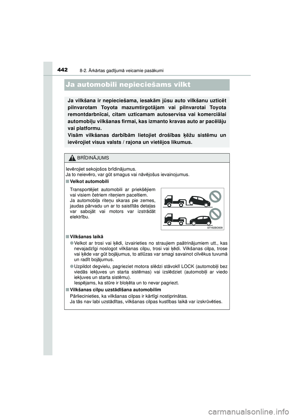 TOYOTA AYGO 2020 Lietošanas Instrukcija (in Latvian) 4428-2. Ārk ārtas gad ījum ā veicamie pas ākumi
AYGO_OM_Europe_OM9A01LV
Ja automobili nepieciešams vilkt
Ja vilkšana ir nepieciešama, iesak ām j ūsu auto vilkšanu uztic ēt
pilnvarotam Toyo TOYOTA AYGO 2020 Lietošanas Instrukcija (in Latvian) 4428-2. Ārk ārtas gad ījum ā veicamie pas ākumi
AYGO_OM_Europe_OM9A01LV
Ja automobili nepieciešams vilkt
Ja vilkšana ir nepieciešama, iesak ām j ūsu auto vilkšanu uztic ēt
pilnvarotam Toyo
