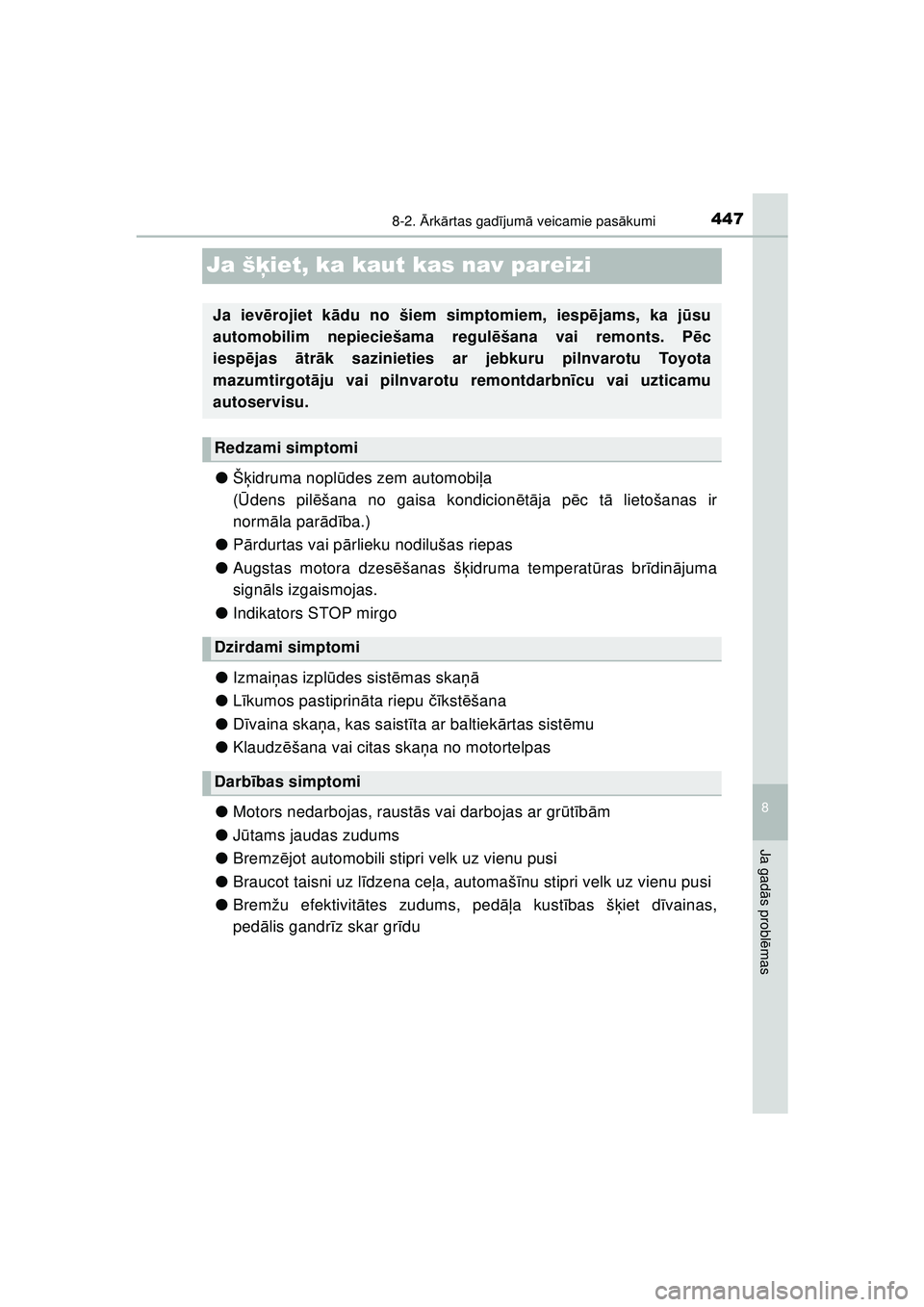TOYOTA AYGO 2020 Lietošanas Instrukcija (in Latvian) 4478-2. Ārk ārtas gad ījum ā veicamie pas ākumi
8
Ja gad ās probl ēmas
AYGO_OM_Europe_OM9A01LV
Ja š ķiet, ka kaut kas nav pareizi
● Šķidruma nopl ūdes zem automobi ļa
( Ū dens pil ē TOYOTA AYGO 2020 Lietošanas Instrukcija (in Latvian) 4478-2. Ārk ārtas gad ījum ā veicamie pas ākumi
8
Ja gad ās probl ēmas
AYGO_OM_Europe_OM9A01LV
Ja š ķiet, ka kaut kas nav pareizi
● Šķidruma nopl ūdes zem automobi ļa
( Ū dens pil ē