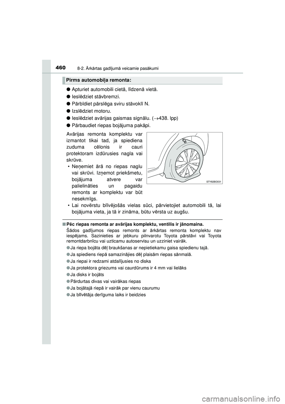 TOYOTA AYGO 2020  Lietošanas Instrukcija (in Latvian) 4608-2. Ārk ārtas gad ījum ā veicamie pas ākumi
AYGO_OM_Europe_OM9A01LV
● Apturiet automobili ciet ā, l īdzenā  vietā.
● Iesl ēdziet st āvbremzi.
● Pārb īdiet p ārsl ēga sviru st