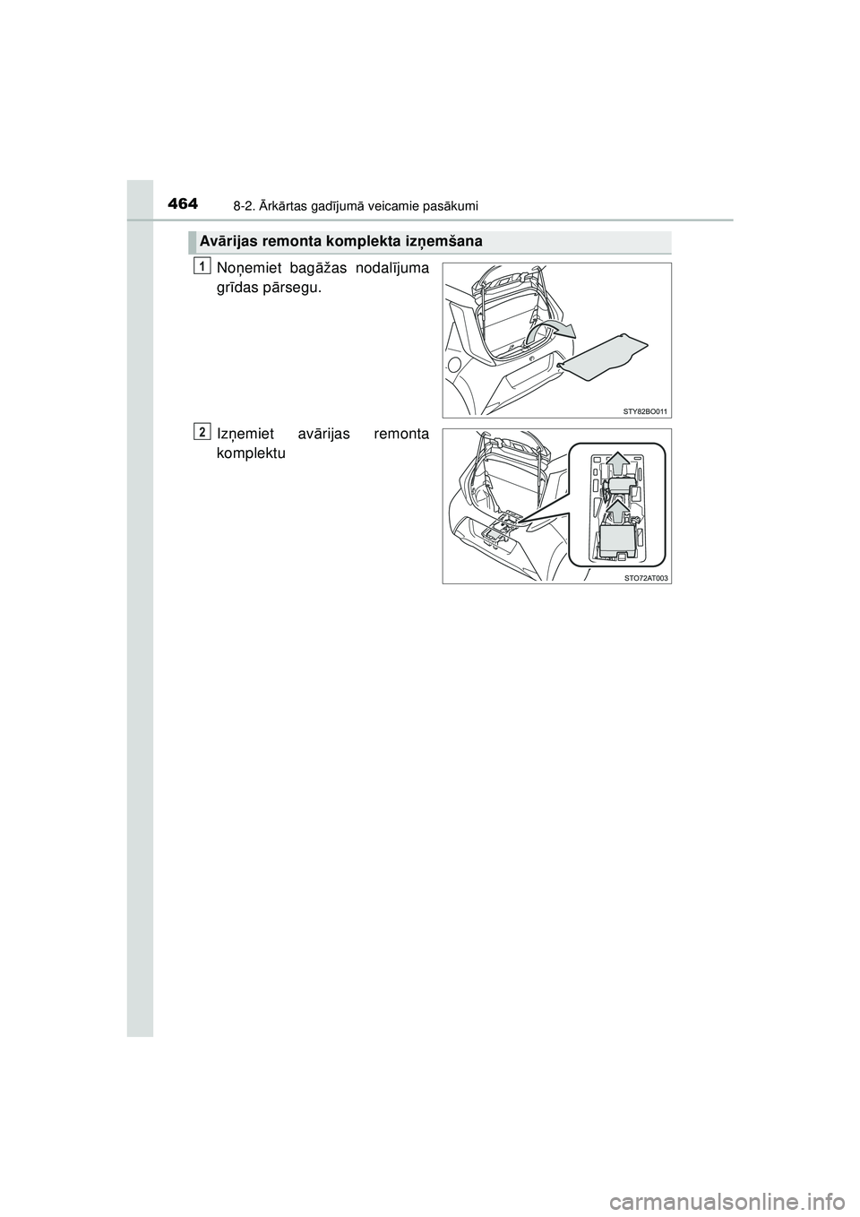 TOYOTA AYGO 2020  Lietošanas Instrukcija (in Latvian) 4648-2. Ārk ārtas gad ījum ā veicamie pas ākumi
AYGO_OM_Europe_OM9A01LV
No ņemiet bag āžas nodal ījuma
gr īdas p ārsegu.
Iz ņemiet av ārijas remonta
komplektu
Av ārijas remonta komplekta